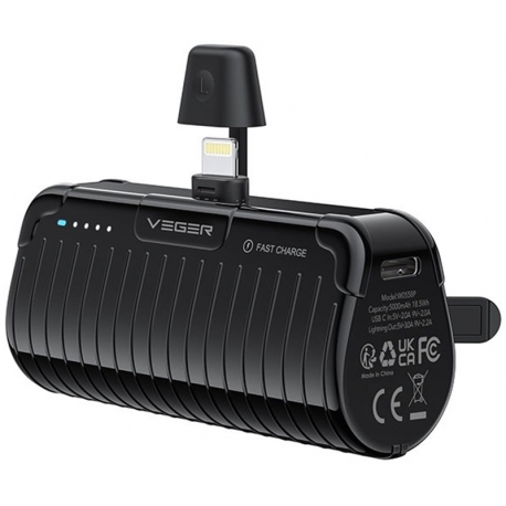 Veger PowerBank PlugOn-L Pro - Lightning KickStand - 5000mAh - 20W - Black