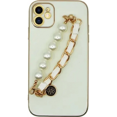 Vivid Silicone Case Pearl Chain Holder Apple iPhone 11 White/Gold