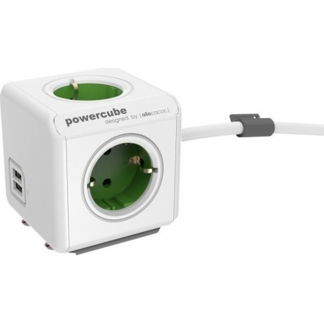 Allocacoc PowerCube Extended USB 5-Outlets/1.5m Cable + 2 x USB 2.1A - Green (1406GN/DEEUPC)